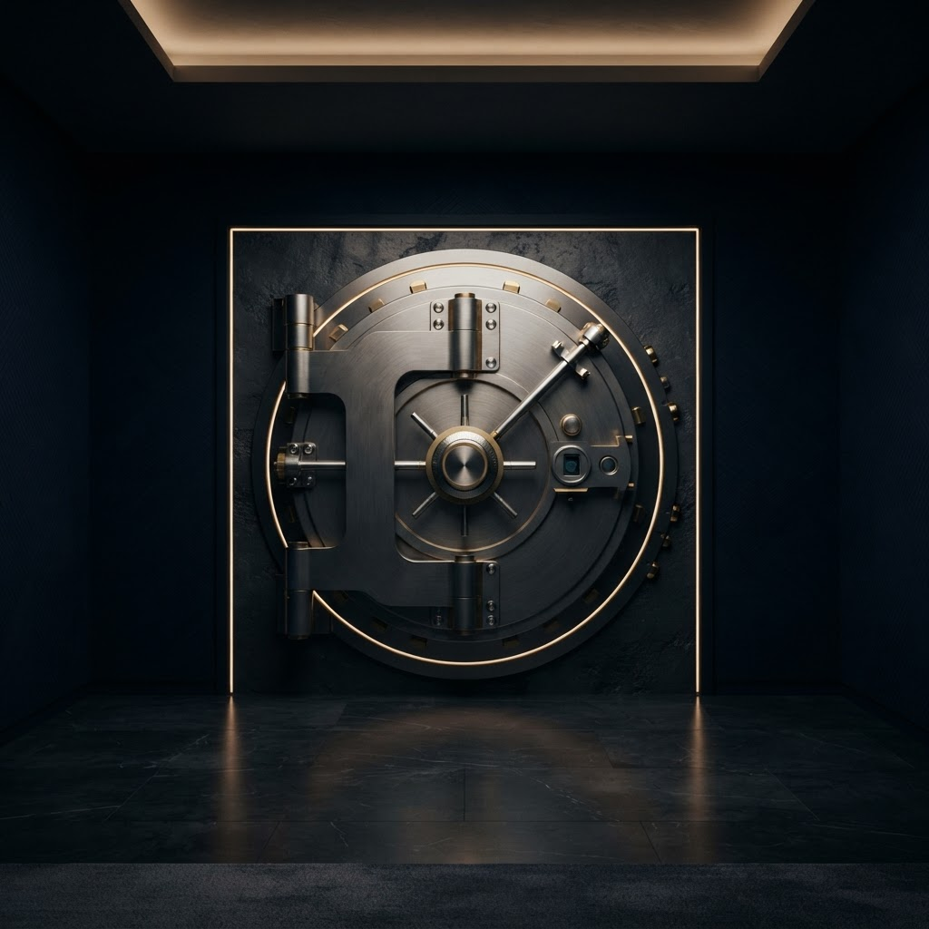Secure titanium vault door with warm gold light